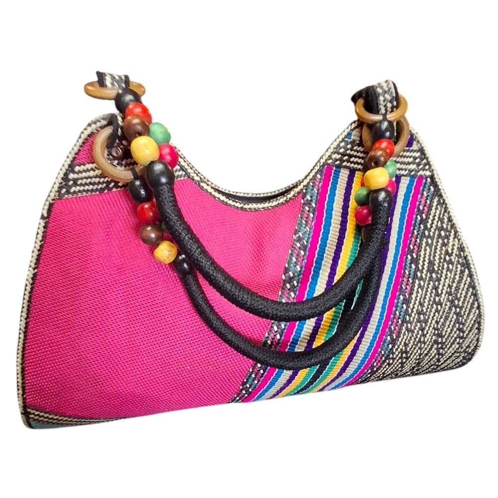 Caña Flecha Columbia Hand Woven Wooden Beaded Multicolored Tote Bag  Size Medium